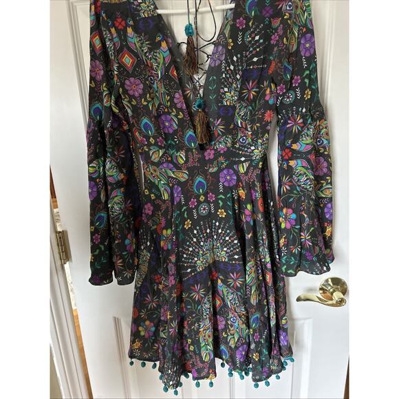 Matthew Williamson Silk Dress laceup with tassel hem bell long slv bright New 4 - Picture 9 of 16